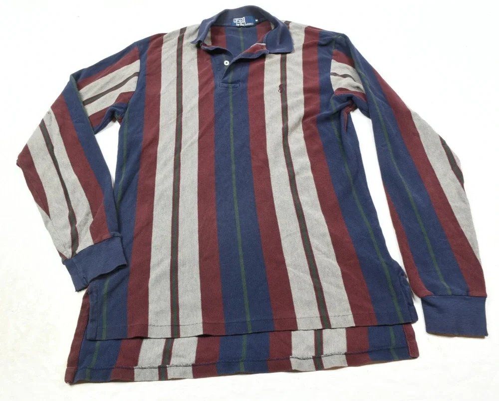 Vintage Polo Ralph Lauren Polo Shirt Mens Medium Maroon Blue Stripe Long Sleeve
